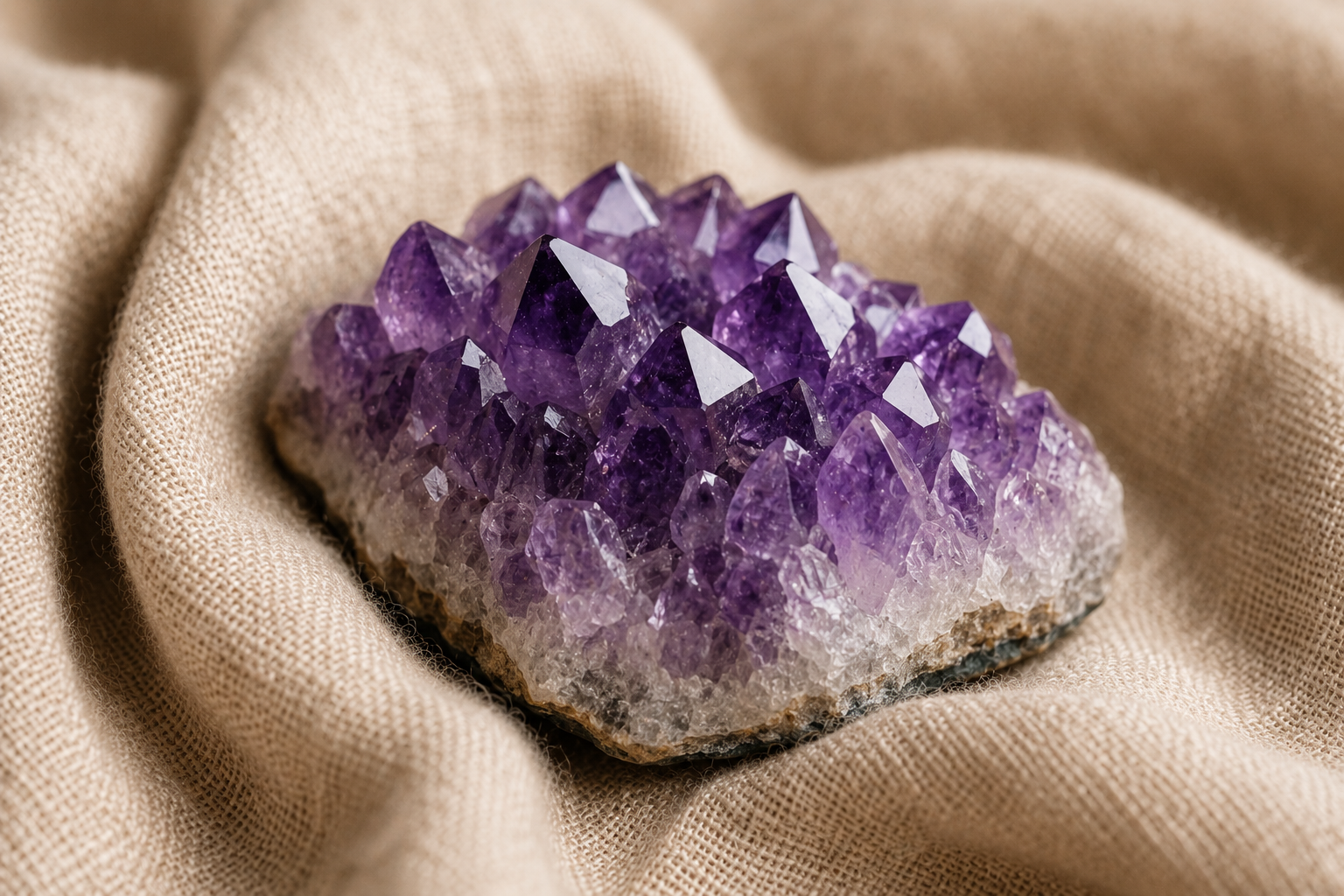 Améthyste violette translucide posée près d'une lampe de chevet