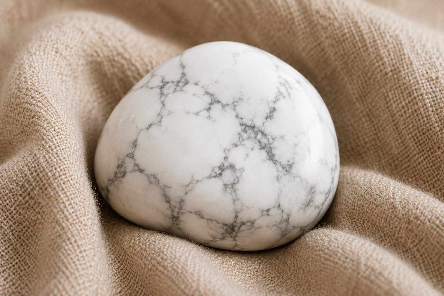 Howlite blanche veinée de gris posée sur un tissu de lin