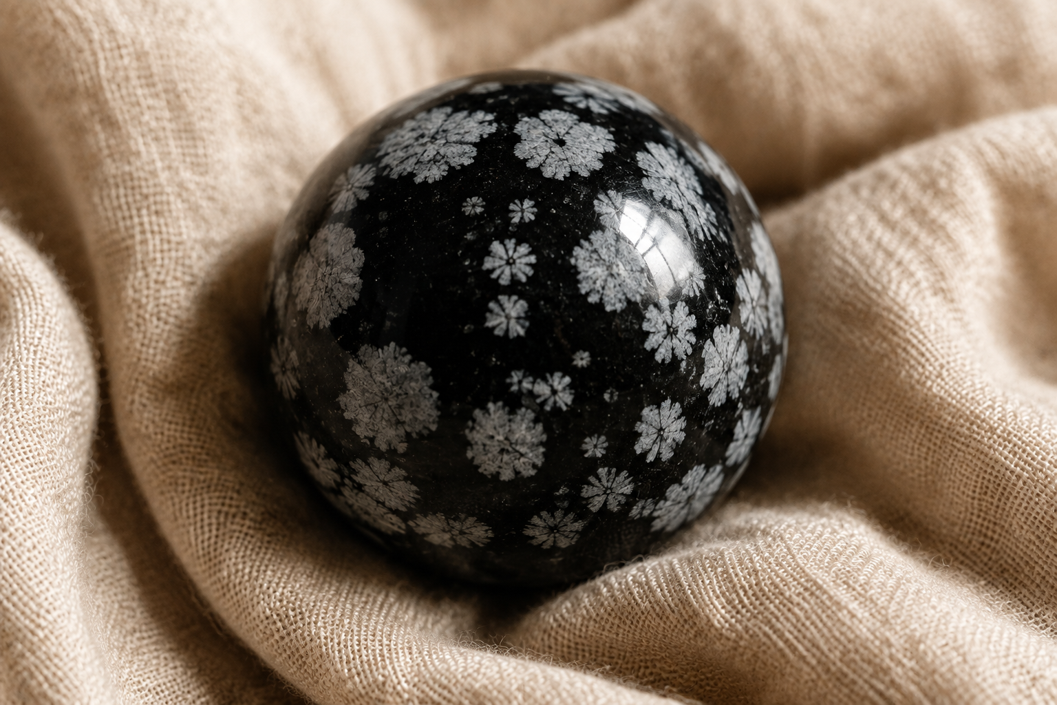 Obsidienne flocon de neige mouchetée de blanc posée sur un tissu clair