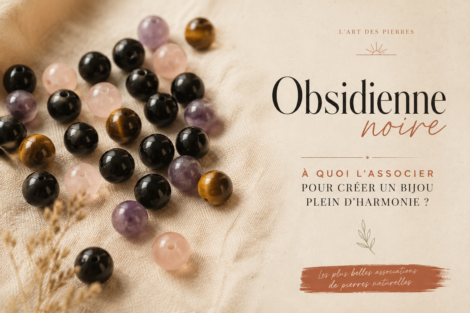 Perles d'obsidienne noire et pierres de couleur mélangées sur du lin clair