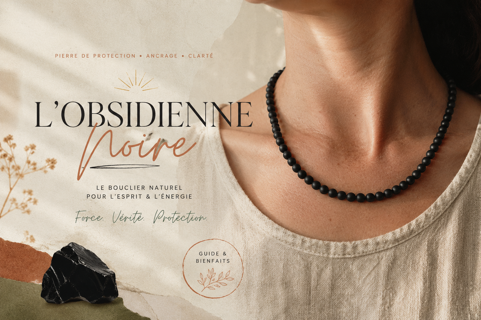 Collier en obsidienne noire porté sur une encolure de lin écru