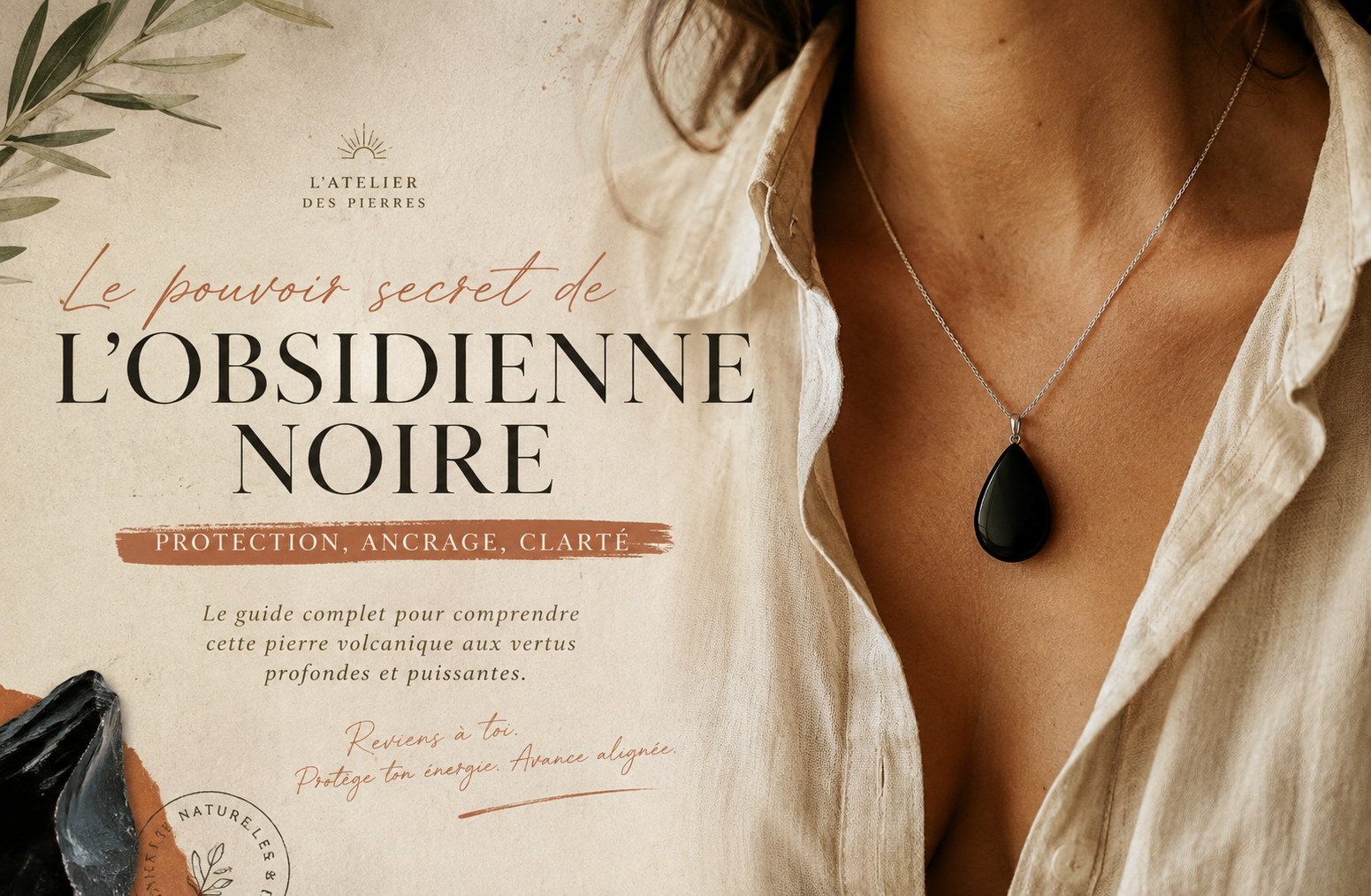 Pendentif en obsidienne noire porté au cou sur un chemisier de lin clair
