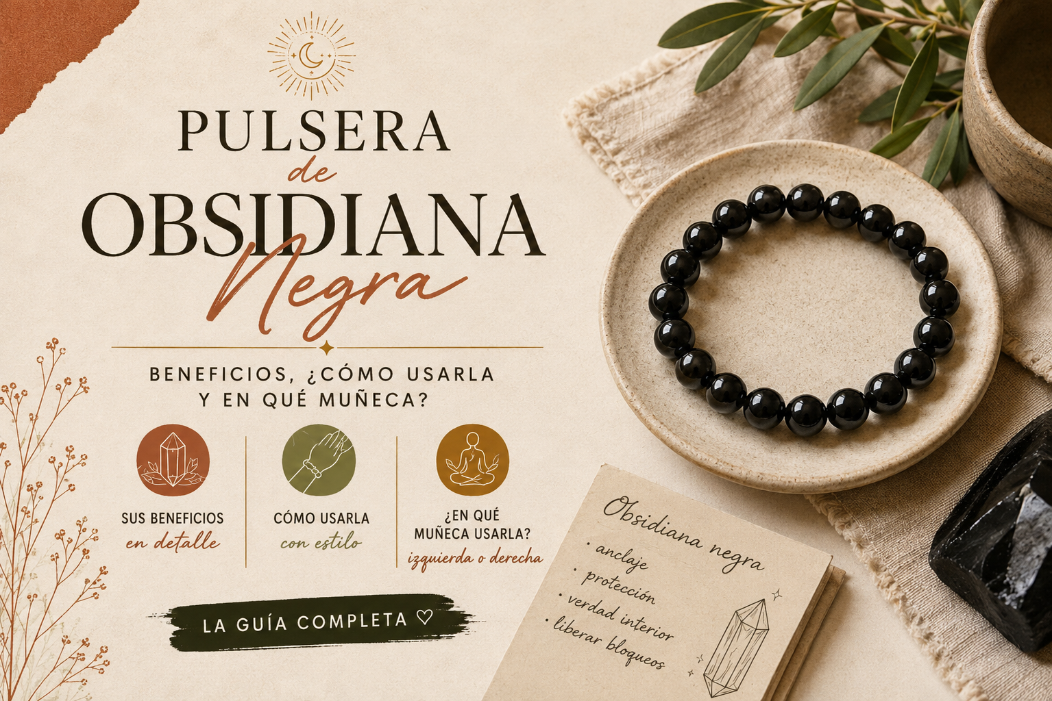 Pulsera de obsidiana negra llevada en la muñeca