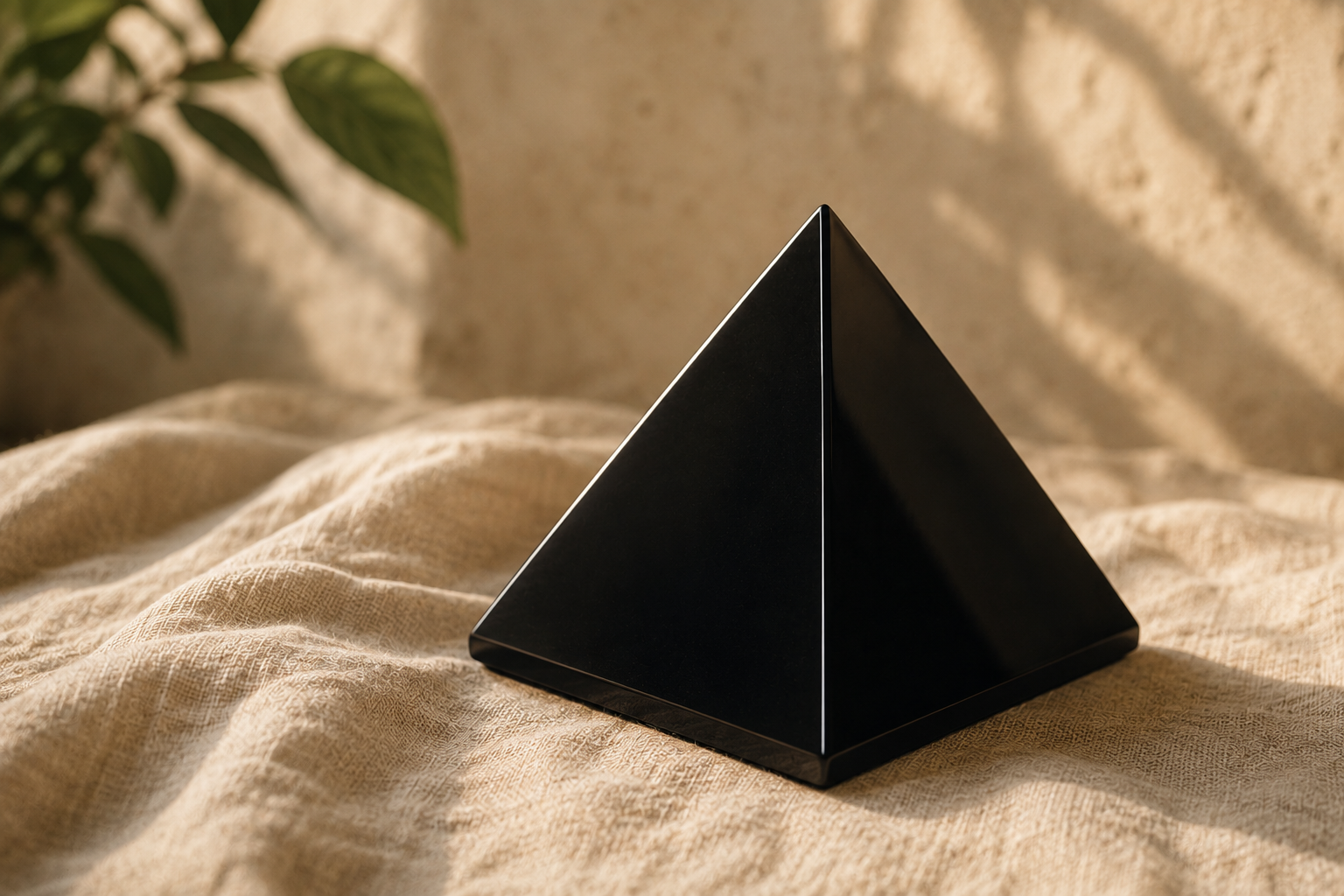 Base carrée et pointe d'une pyramide en obsidienne noire vue de profil