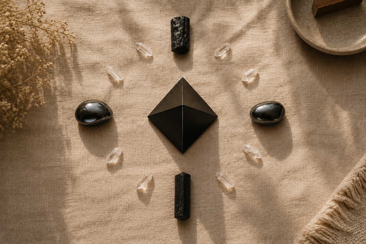 Pyramide en obsidienne noire au centre d'une grille de cristaux