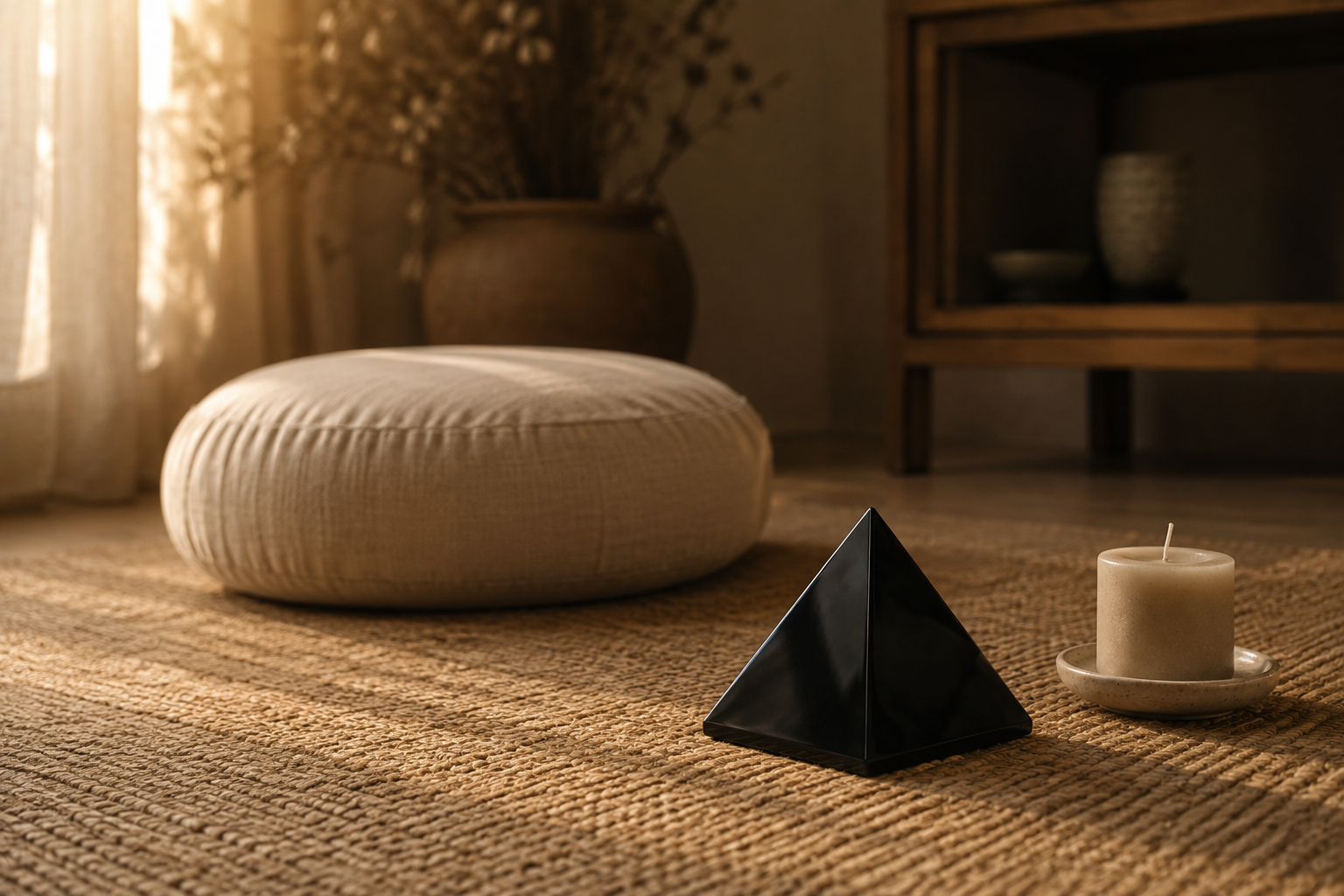 Pyramide en obsidienne noire posée devant un coussin de méditation