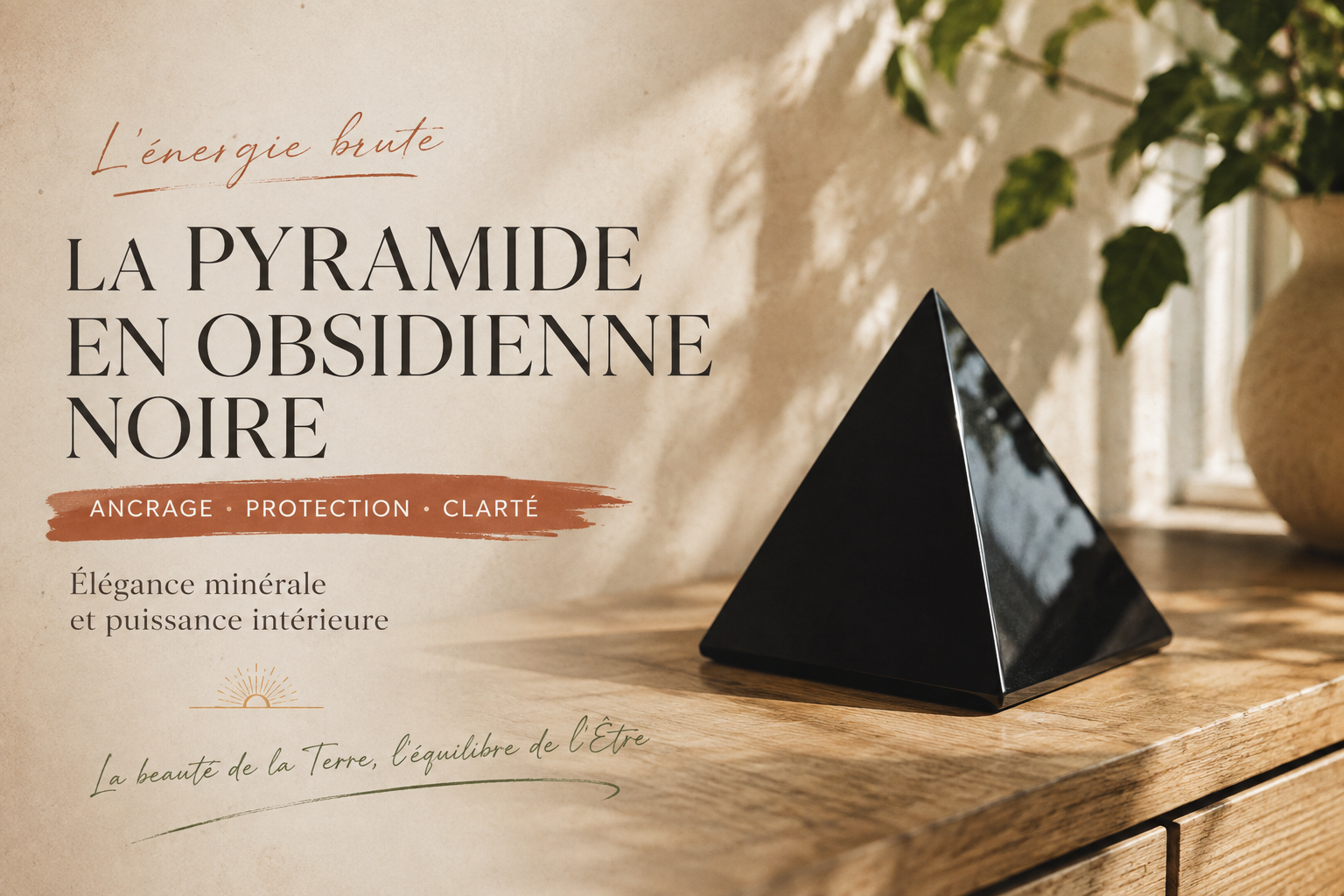 Pyramide en obsidienne noire polie posée sur un meuble en bois