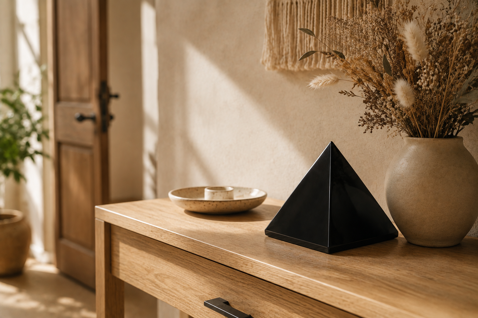 Pyramide en obsidienne noire posée sur une console d'entrée