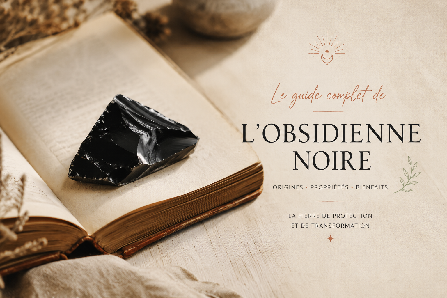 Éclat d'obsidienne noire posé sur les pages d'un vieux livre relié