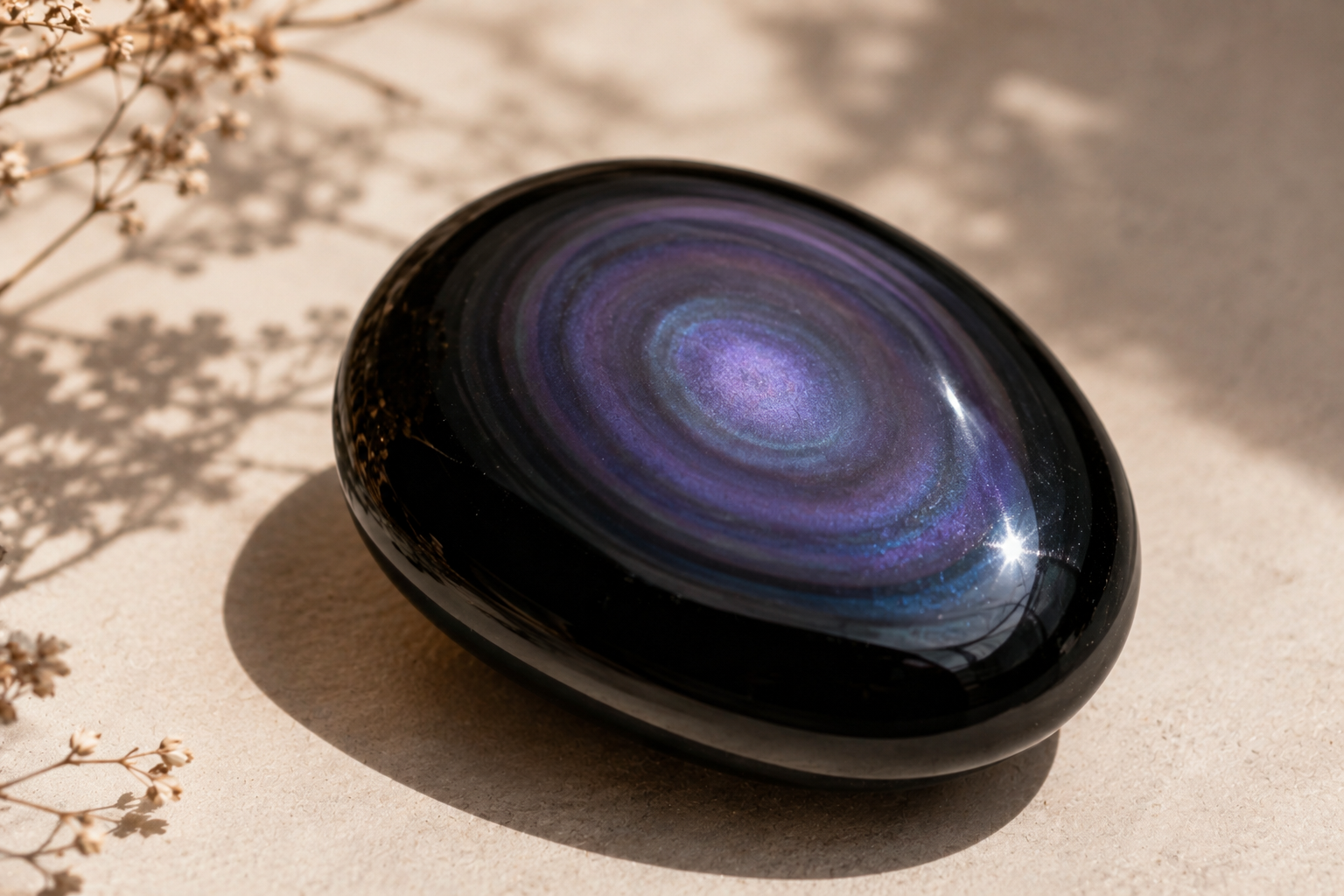 Rainbow obsidian showing a blue and violet sheen in the light