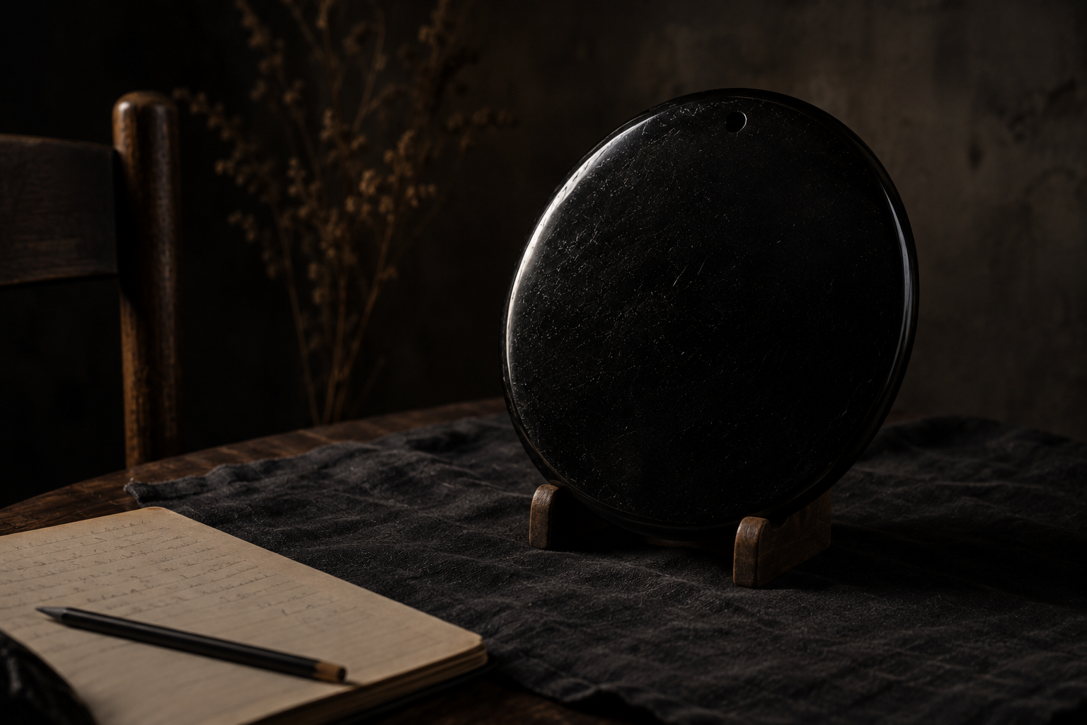 Miroir d'obsidienne installé sur une étoffe de lin dans une pièce peu éclairée