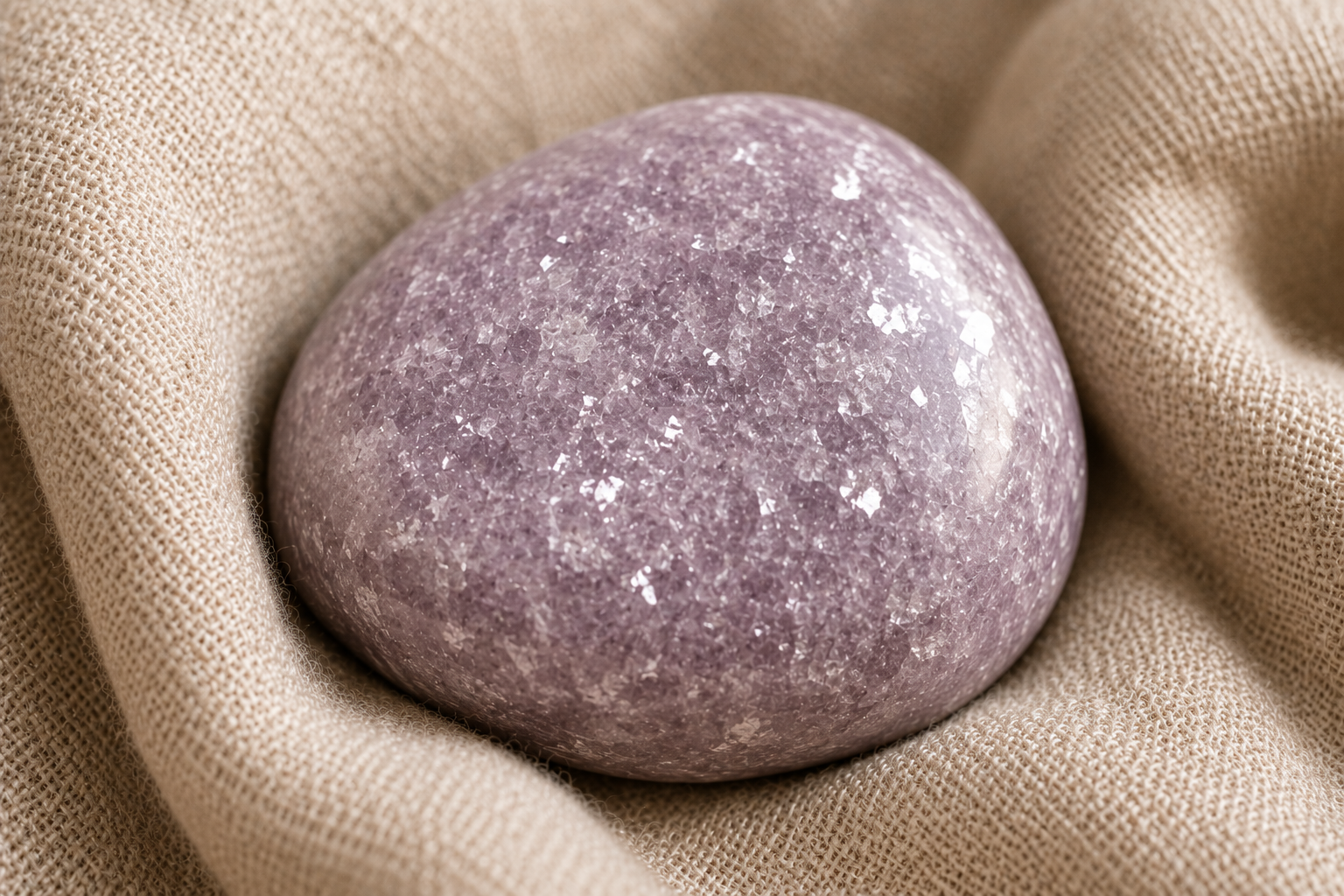 Sleeping with black obsidian Mauve lepidolite with a pearly sheen on a linen background