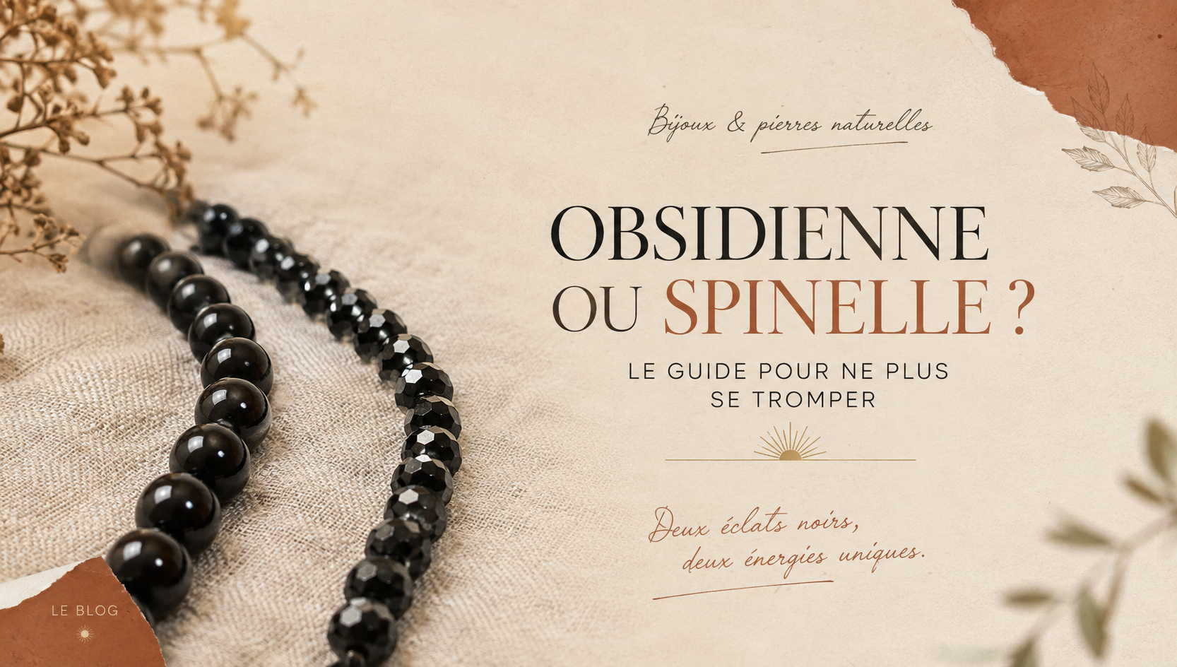 Perles d'obsidienne noire et de spinelle noir côte à côte sur du lin clair