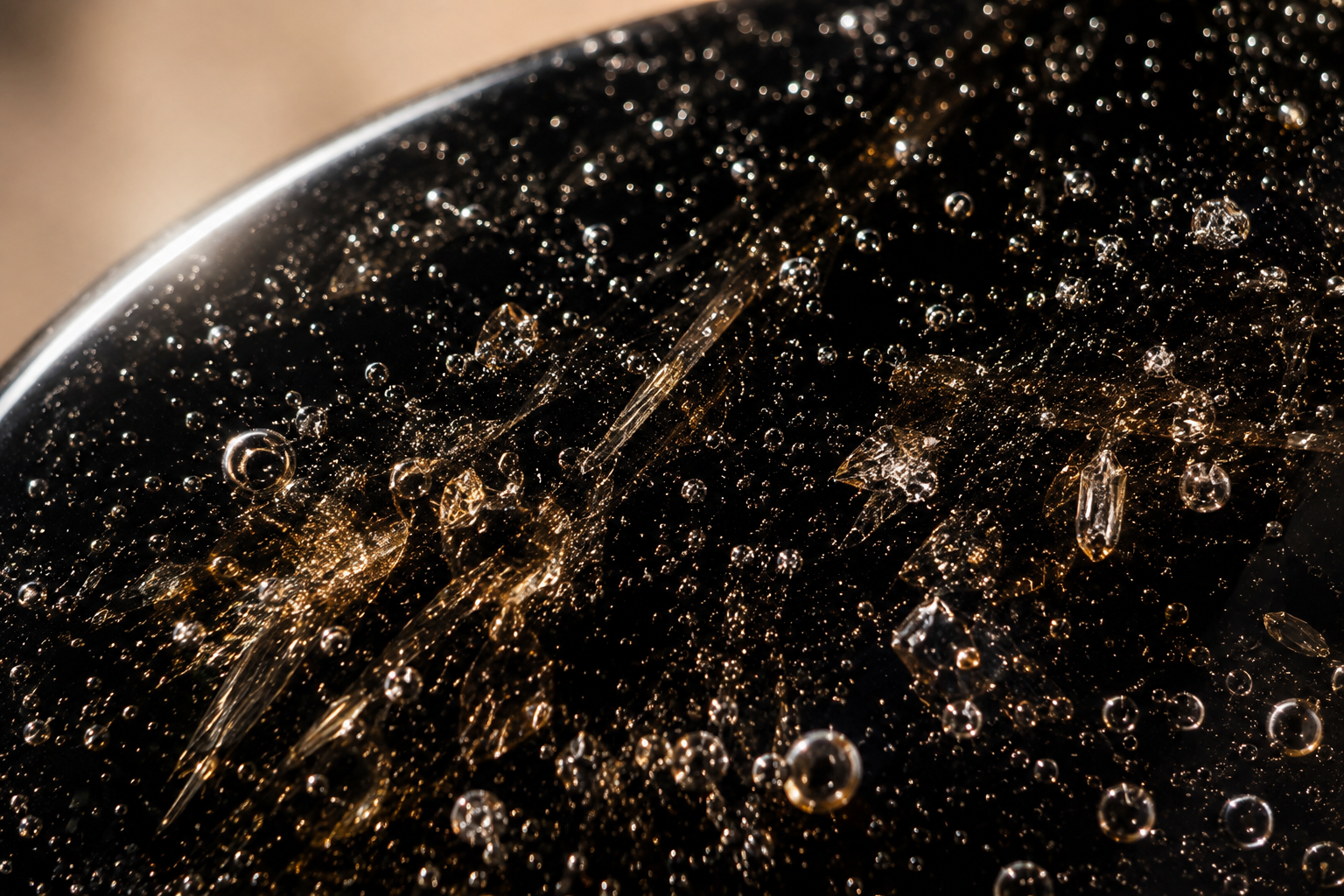 Macro d'une obsidienne montrant les inclusions et bulles de gaz responsables des variétés