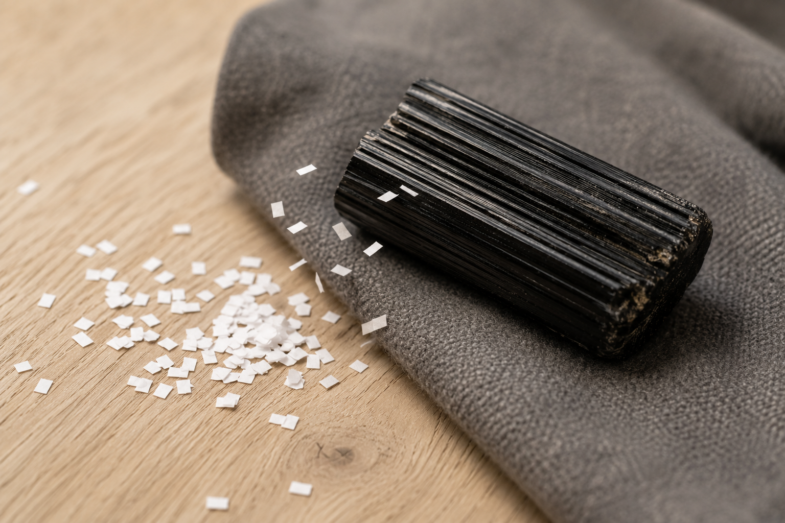 Schwarzer Turmalinkristall in Wolltuch gerieben neben Papierschnipseln