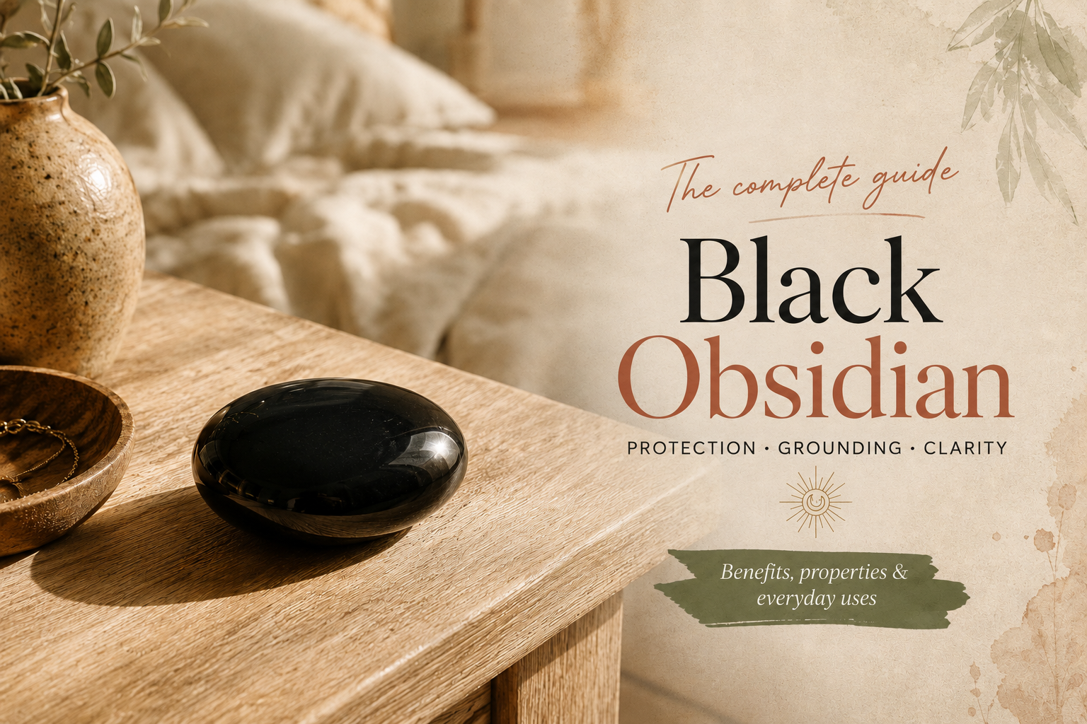 Sleeping with black obsidian Black obsidian stone resting on a nightstand beside an unmade bed