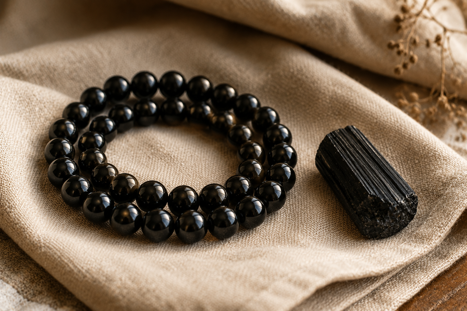 Obsidian-Armband und schwarzer Turmalinstein auf Leinen