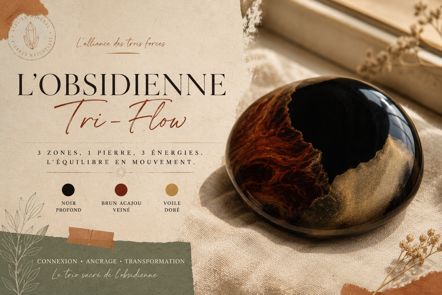 Obsidienne tri-flow mêlant zones noire, acajou et dorée