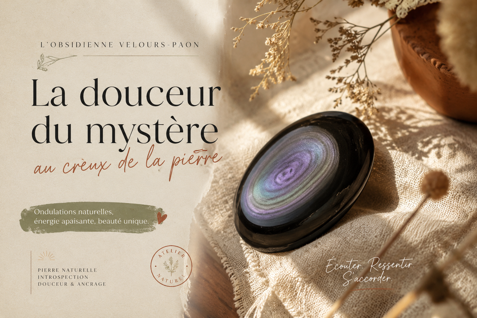 Obsidienne velours-paon aux ondulations lavande et vertes