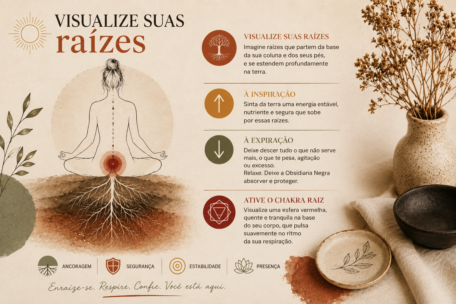 Visualização de raízes descendo pela terra durante uma meditação com a obsidiana