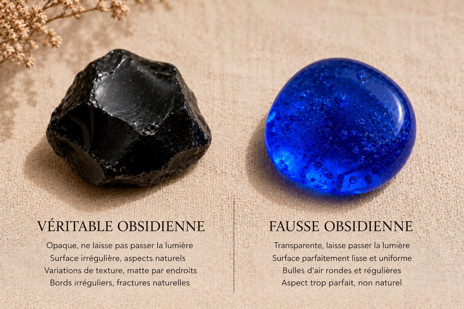 Comparaison entre une vraie obsidienne noire naturelle et une fausse obsidienne en verre bleu