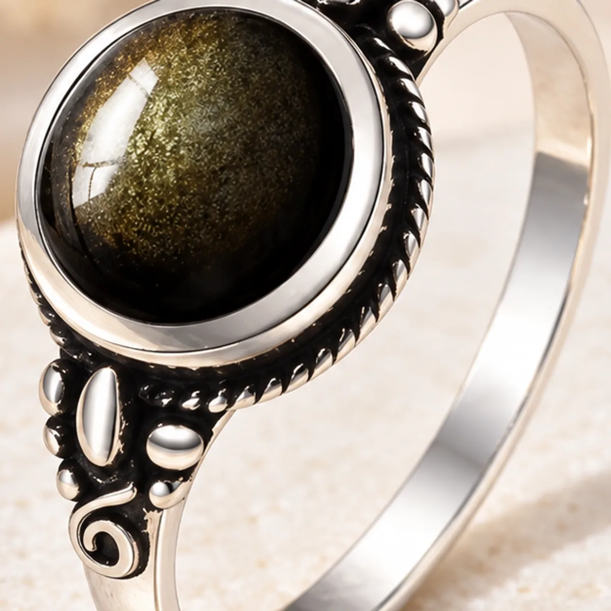 Bague argent obsidienne dorée à volutes alt3 =