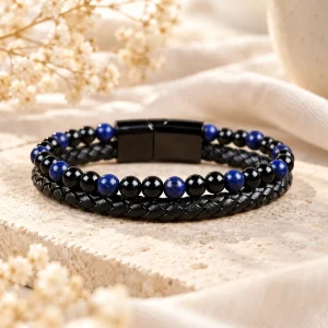 Bracelet double rang, cuir tressé noir et perles d'obsidienne et de lapis-lazuli, fermoir magnétique