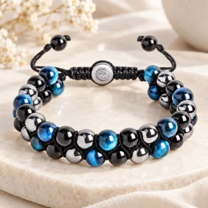 Bracelet double rang tissé, perles d'œil de tigre bleu, d'hématite et d'obsidienne