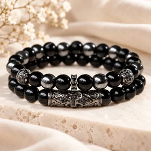 Duo de bracelets obsidienne et hématite, barrette ciselée noircie et billes pavées