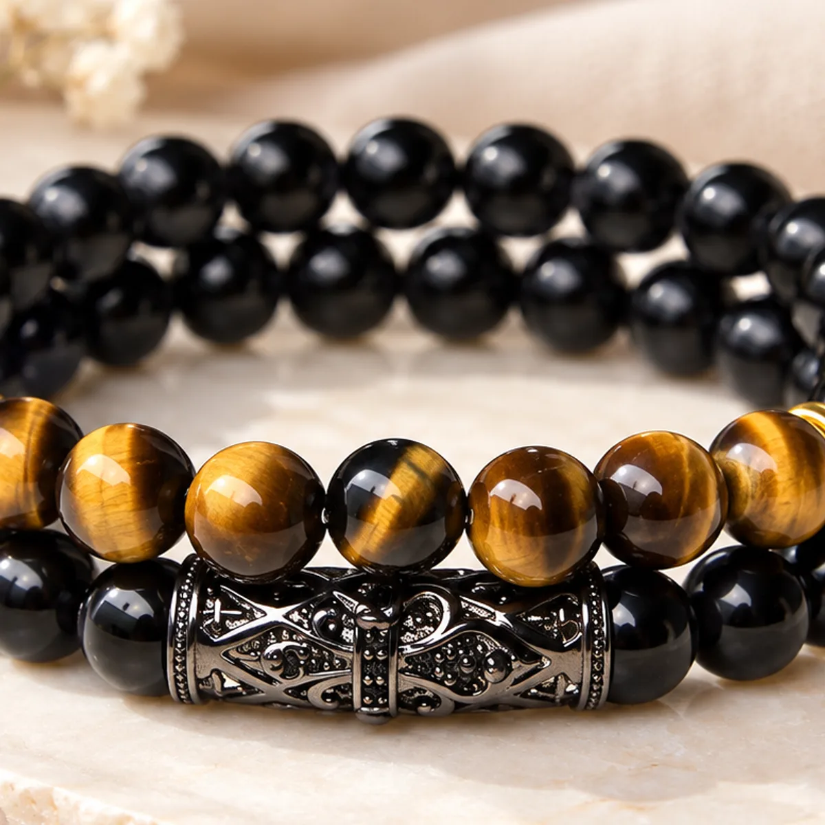 Duo obsidienne et œil de tigre à barrette alt3 =