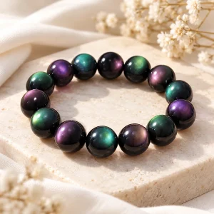 Bracelet obsidienne arc-en-ciel 12 mm, grosses perles aux reflets verts et violets
