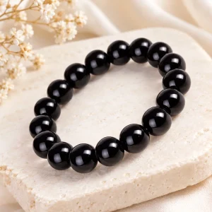 Bracelet obsidienne noire 10 mm, perles rondes polies miroir sur fil élastique