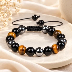 Bracelet triple protection ajustable, perles d'obsidienne, d'hématite et d'œil de tigre sur nœud coulissant