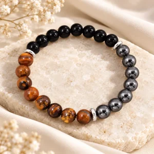 Bracelet de 10 mm en trois tiers, œil de tigre brun, obsidienne noire et hématite grise