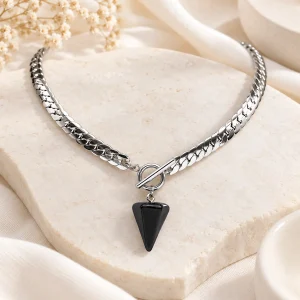 Collier à maille cubaine en acier inoxydable, cône d'obsidienne suspendu au fermoir en T