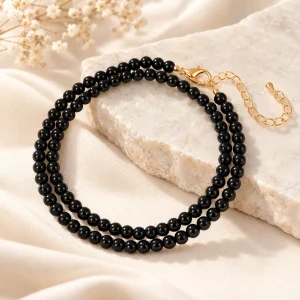 Collier de perles rondes d'obsidienne de 6 mm, fermoir mousqueton doré