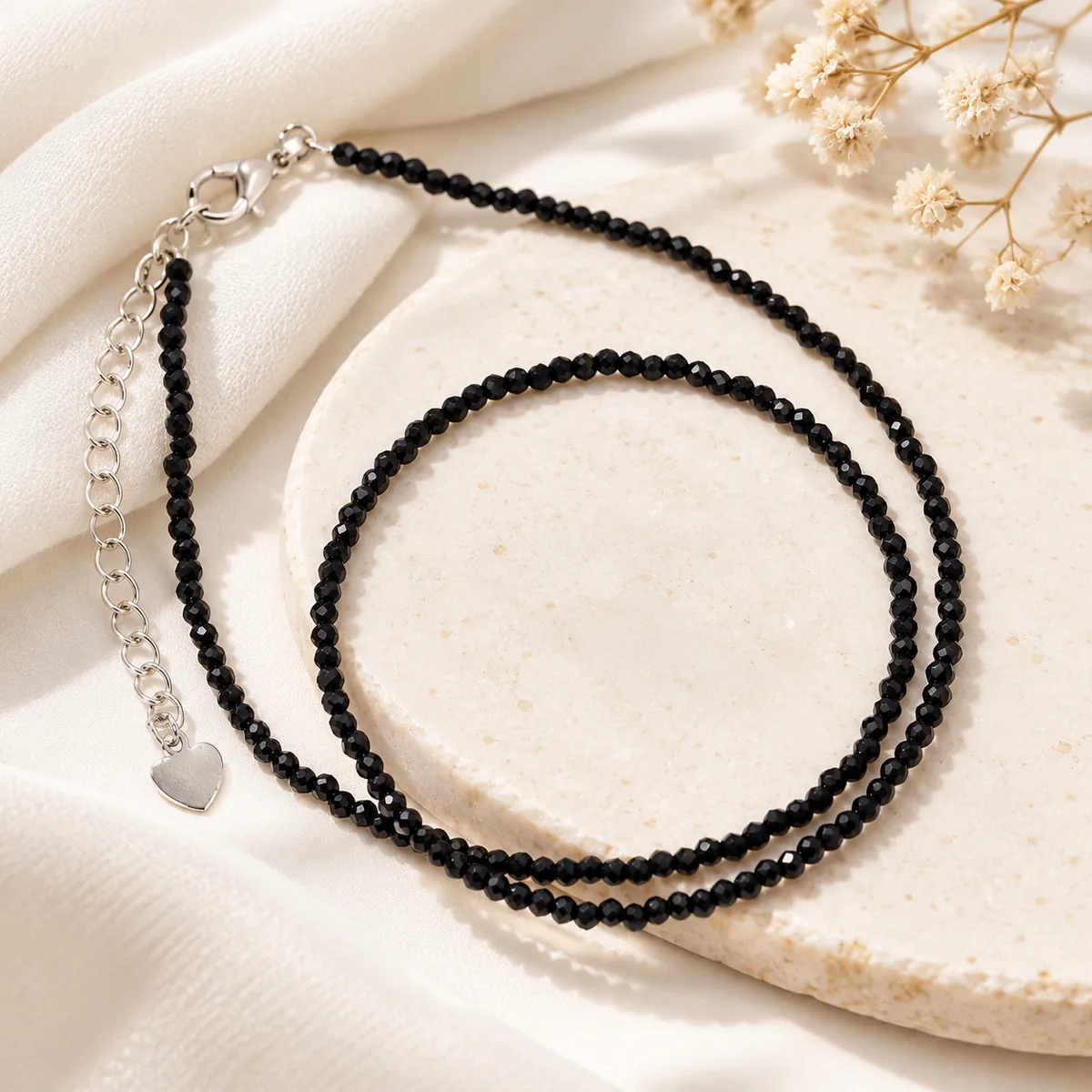 Collier micro-perles facettées d'obsidienne Collier de micro-perles d'obsidienne facettées de 2 à 3 mm, fermoir argent