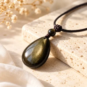 Pendentif goutte d'obsidienne dorée, voile cuivré sur le dôme, cordon brun