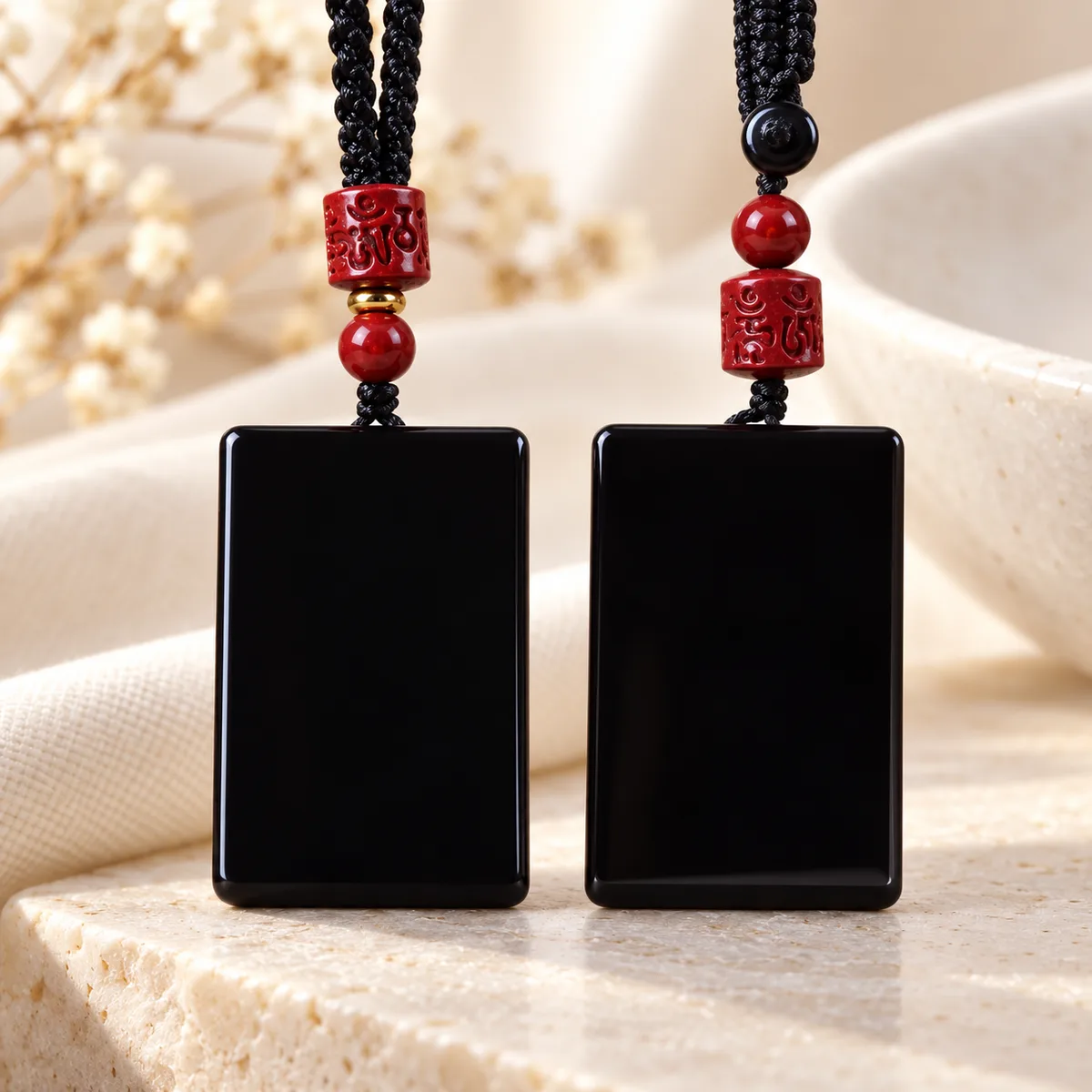 Paire de plaques d'obsidienne à perles rouges Deux plaques rectangulaires d'obsidienne polie sur cordons à perles rouges gravées
