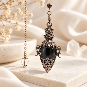Pendule en obsidienne coiffé d'une monture en bronze ajouré, sur chaîne à perle